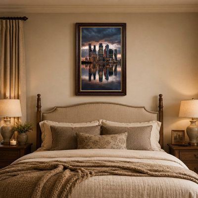 Art moderne sur toile, gratte-ciel moderne reflété dans l'eau au coucher du soleil