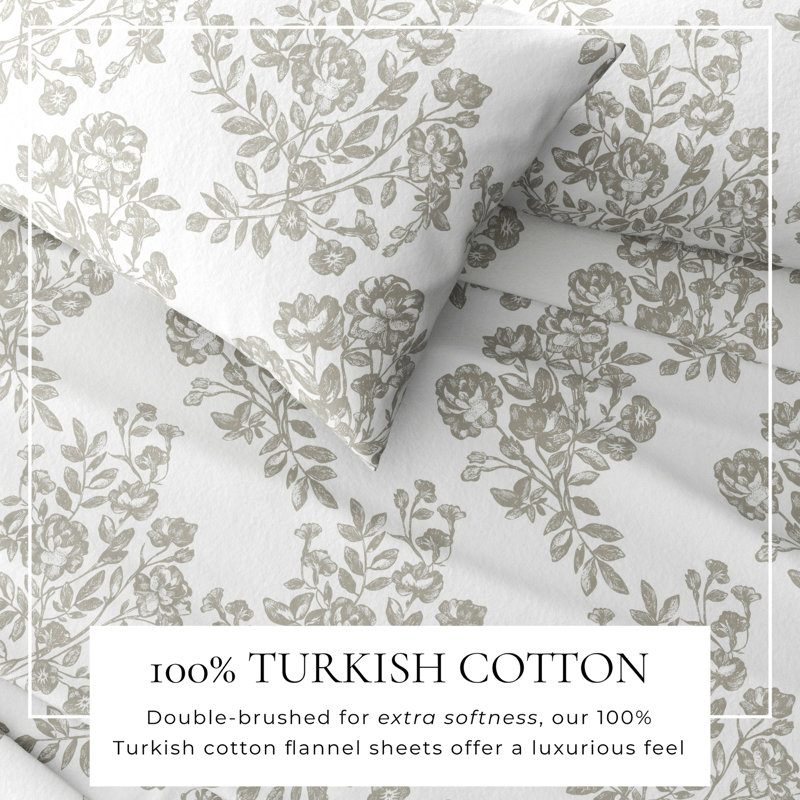 King Grey Toile Print Cotton Flannel Sheet Set