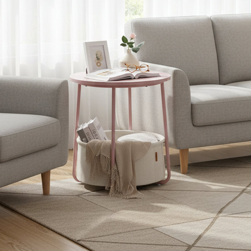  18" W Round End Table with Fabric Storage Basket, Modern Nightstand for Small Spaces, Pink