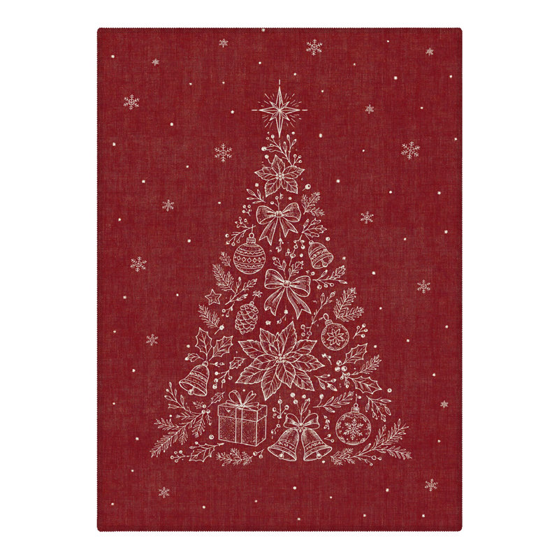 Tapis de salle à manger lavable à poils courts, motif floral rouge et blanc, avec pomme de pin et nœud, idéal pour Noël.