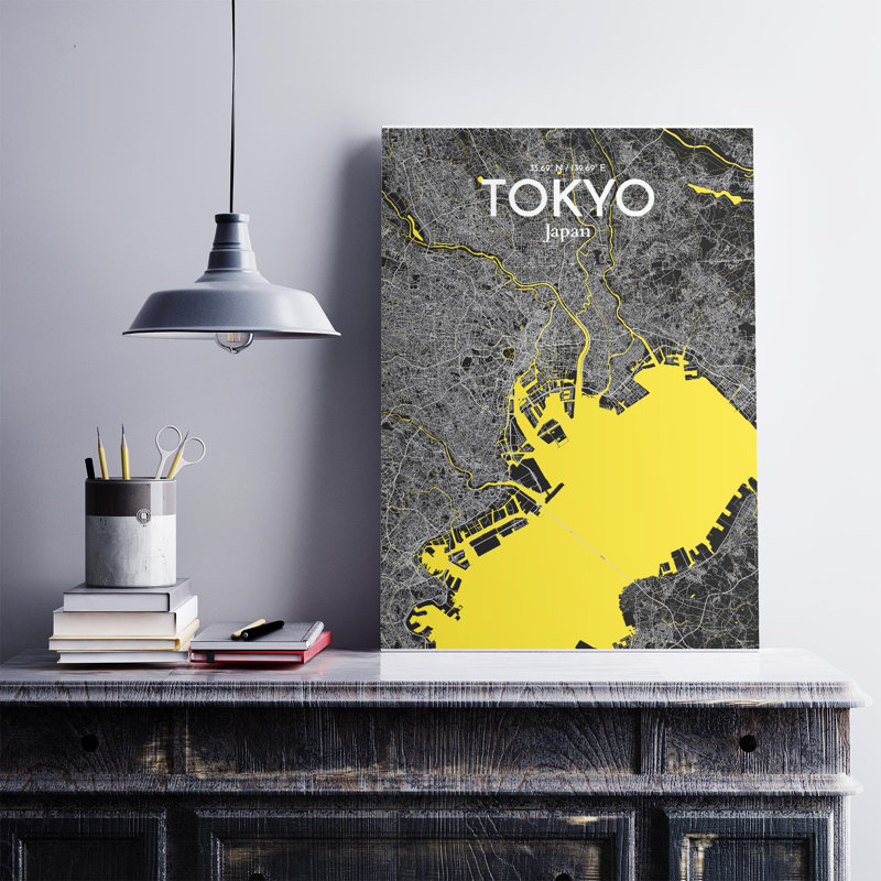 Carte de la ville de Tokyo, impression, H 27,6 po x l 19,7 po, Noir / Jaune