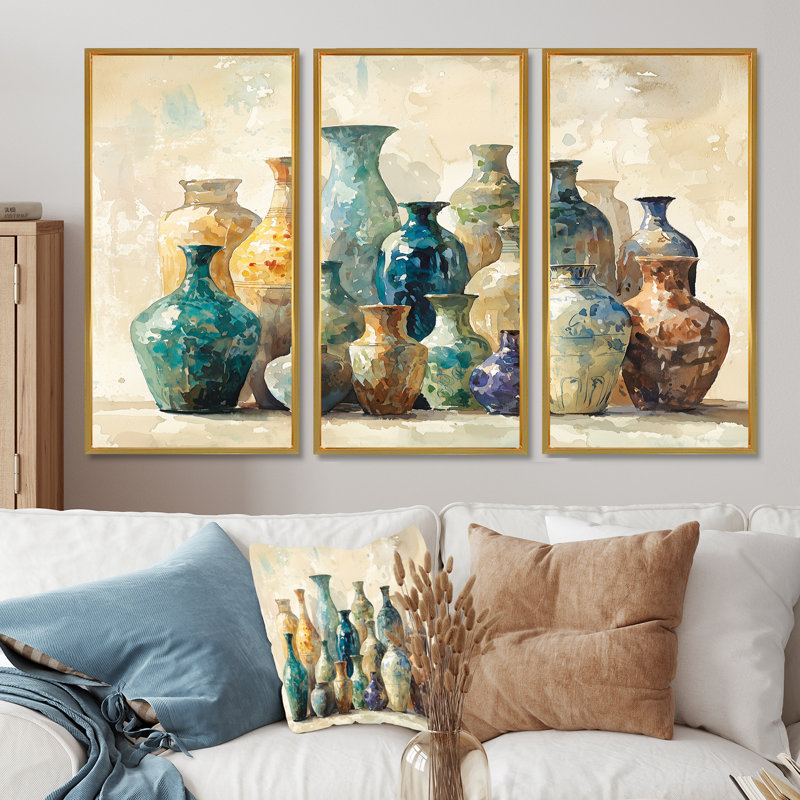 Ensemble de salon vases bleus en motif I - Boho Pottery, Toile avec cadre flottant or, H 32 po x l 48 po x P 1 po