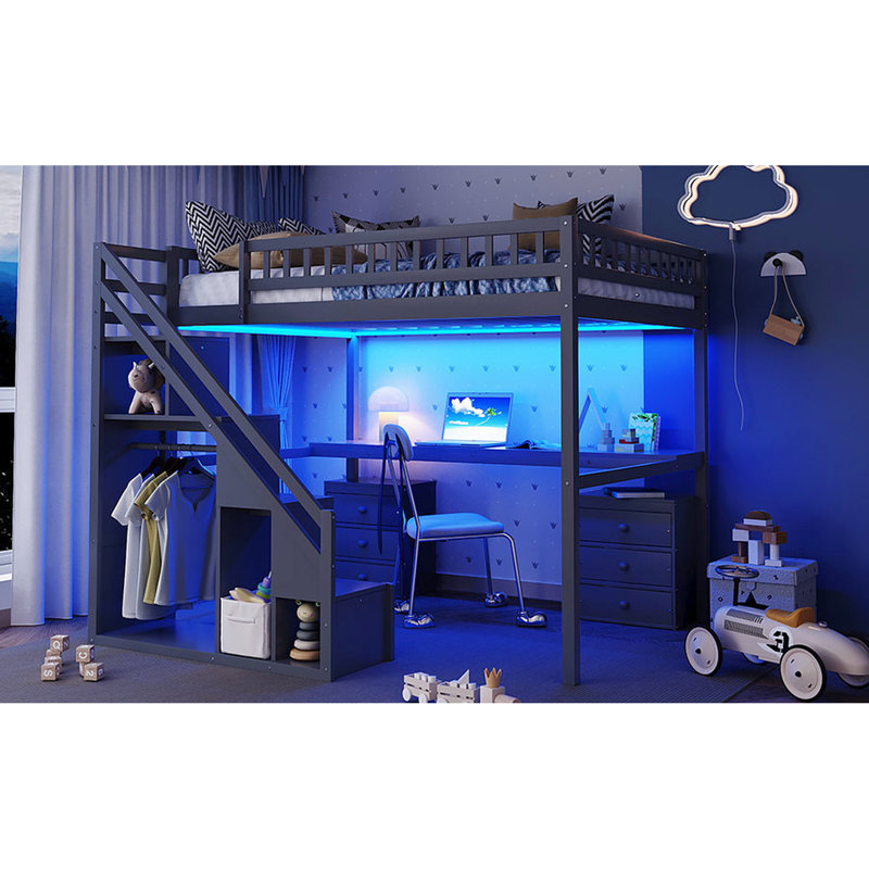 Lit mezzanine double gris avec deux commodes, un bureau d'étude et un système d'éclairage à DEL changeant de couleur. Optimisez l'espace de votre chambre à coucher. Espace de travail indépendant.