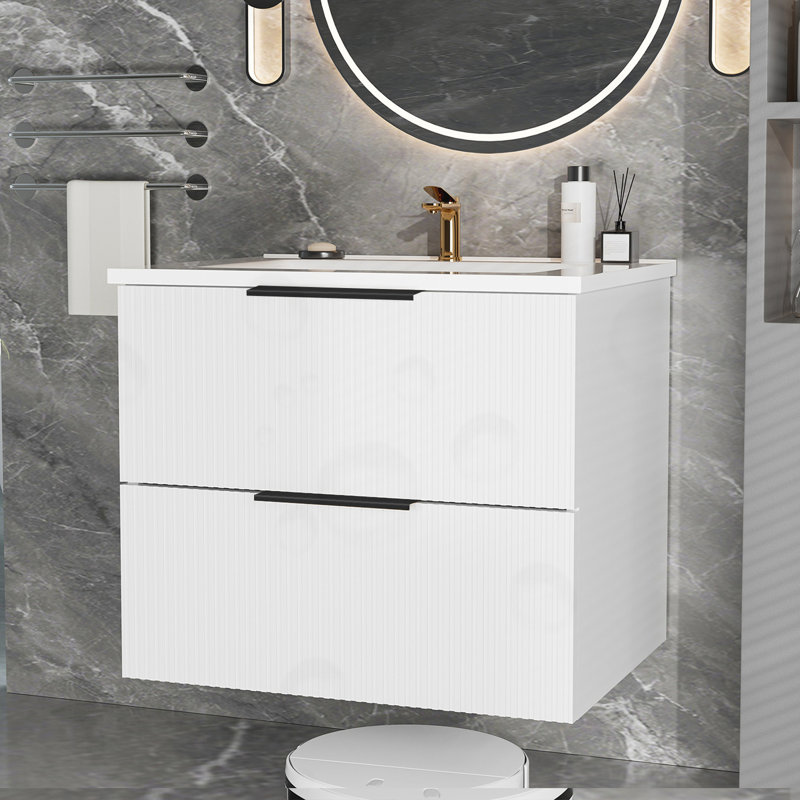 Meuble-lavabo mural flottant avec lavabo en céramique, L 24 po, Blanc mat
