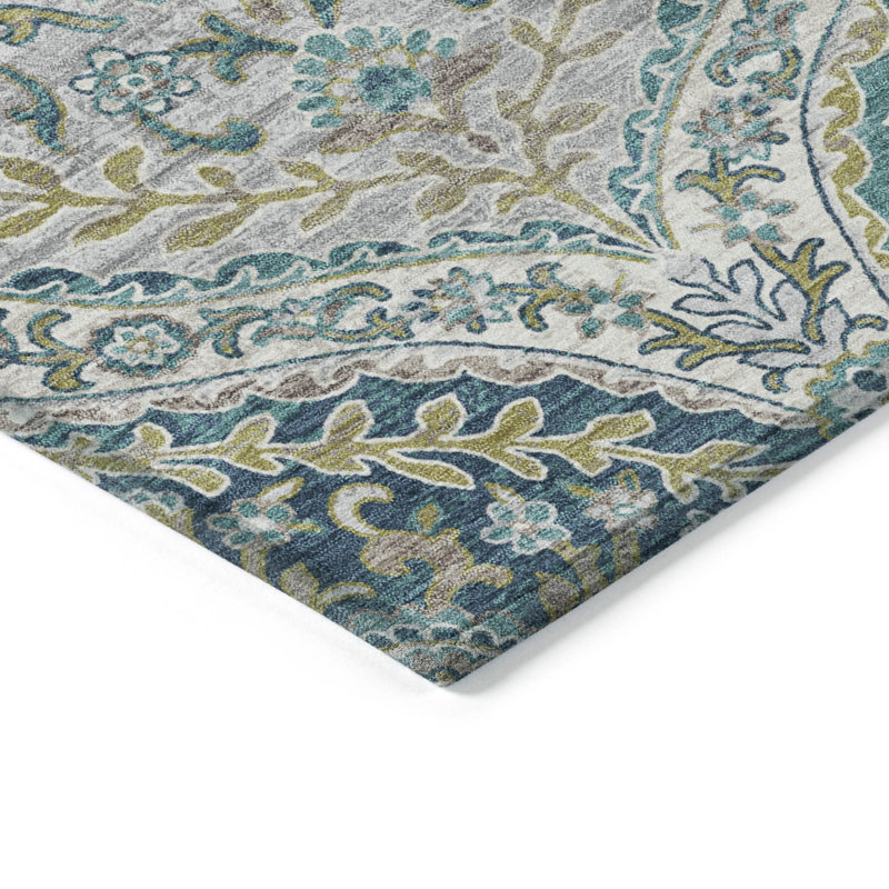 Machine Washable Indoor/Outdoor Xhevrie Teal Rug, Round 8'