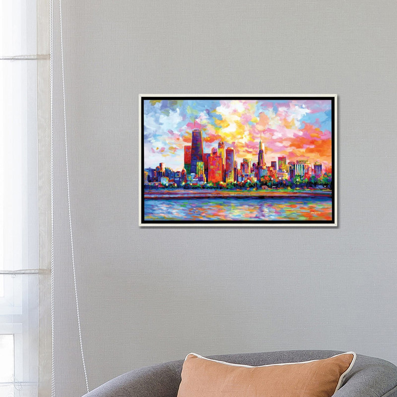 Chicago Skyline by Leon Devenice iCanvas, 18" H x 26" W x 1.5" D, Distressed White Floater Frame Canvas