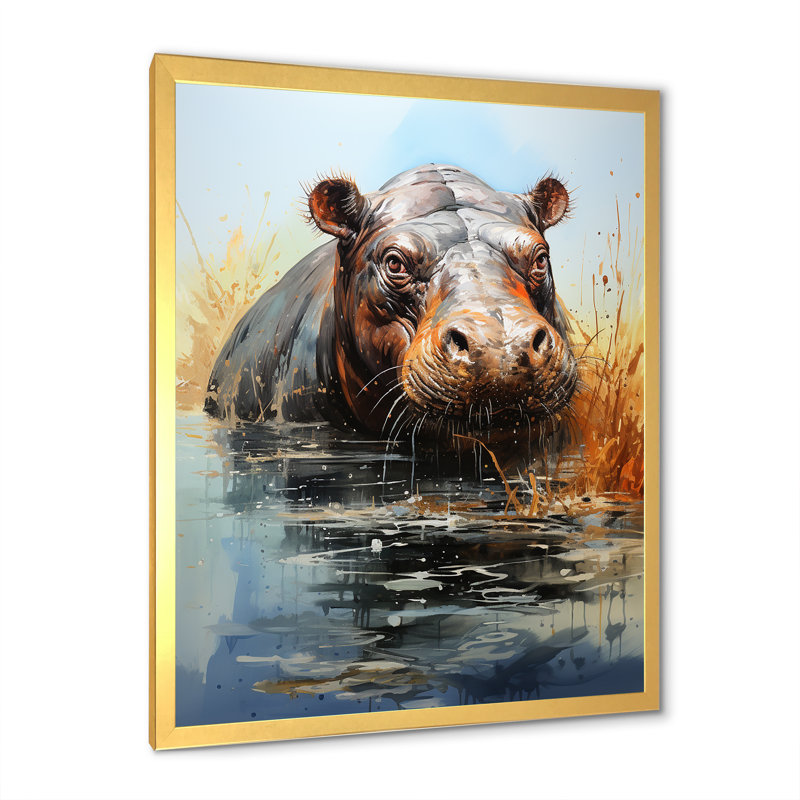 Gris majestueux Hippo Elegance V - art mural hippopotame, Cadre doré simple, H 20 po x l 12 po x P 1 po