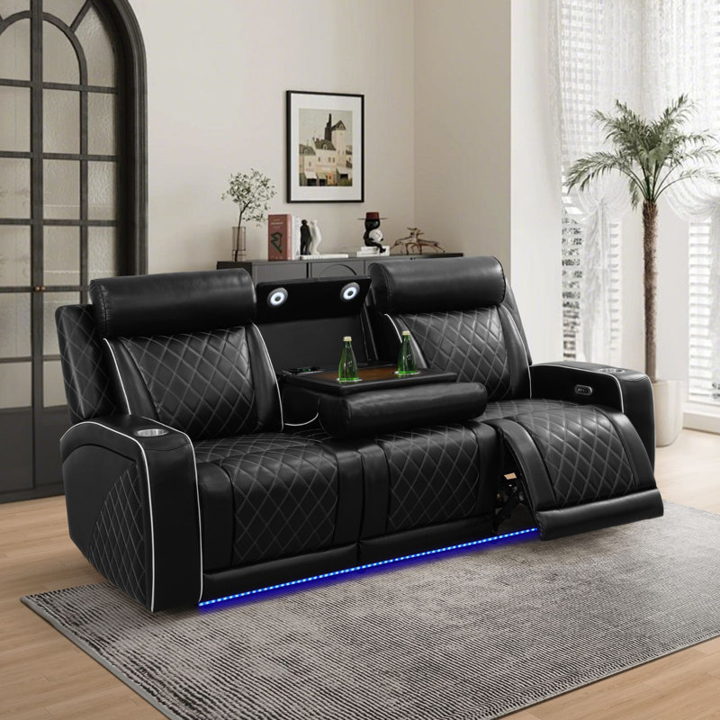 Canapé inclinable électrique avec éclairage DEL, cuir gonflable matelassé, charge USB, console de rangement, porte-gobelets et lampes de lecture