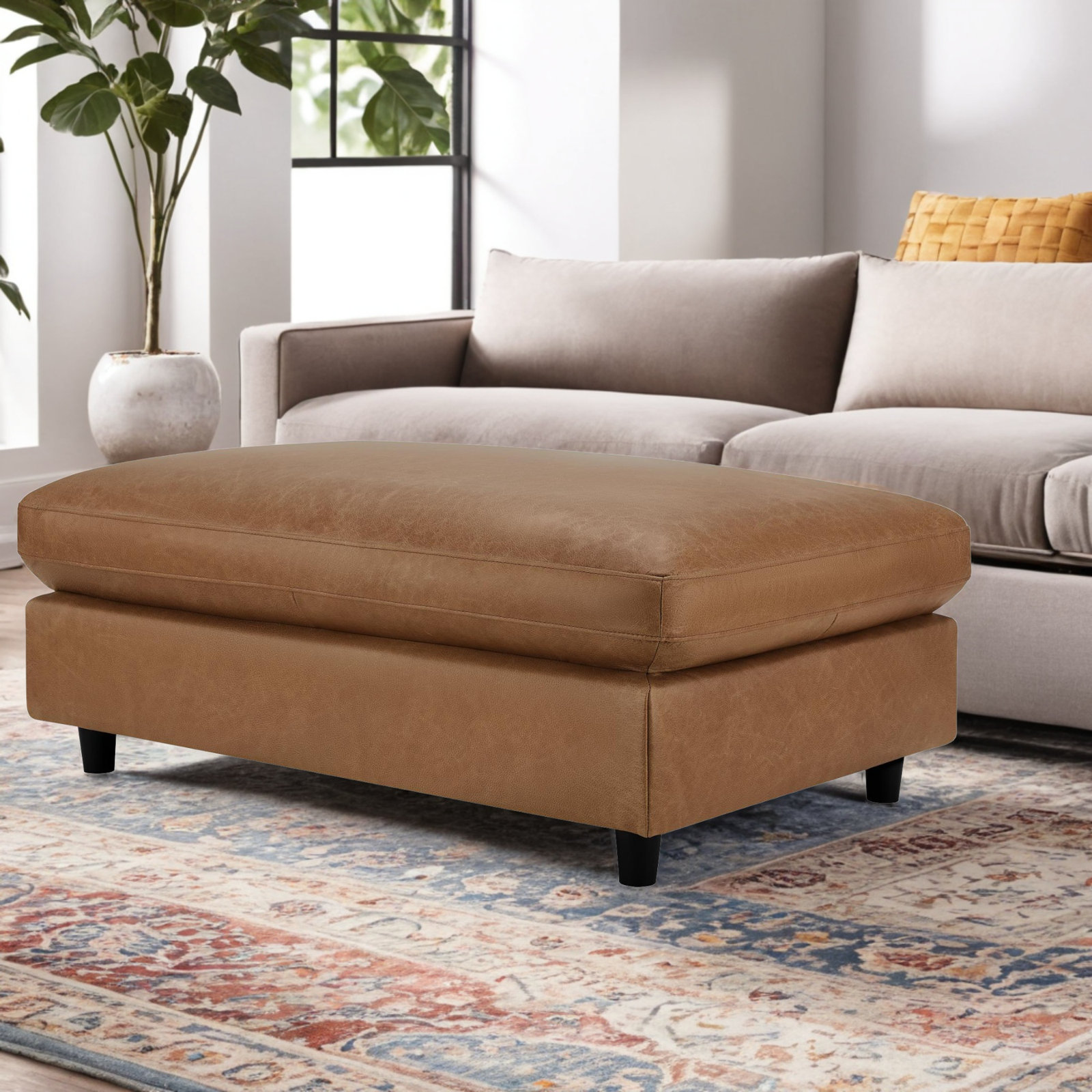 Fleetwood 45" Genuine Leather Rectangle Ottoman, Marseille Brown Genuine Leather