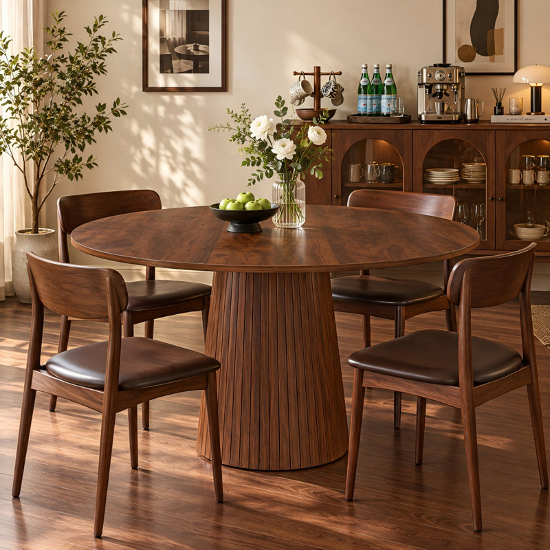 Table de salle à manger ronde de style campagnard moderne pour 4 personnes, piètement en lattes de bois, finition noyer, idéale pour la cuisine et le salon.