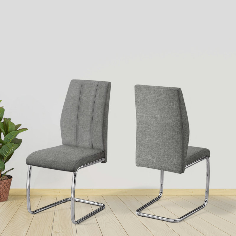 Ensemble de 2 chaises de salle à manger, base en métal chromé en U, tissu gris