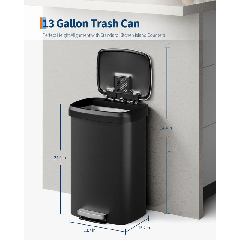 13 Gal / 50L Large Plastic Trash Can for Kitchen, Step-On with Soft Close Lid, Liner Rim, Rustproof Garbage Bin, Rear Handle, Matte Black