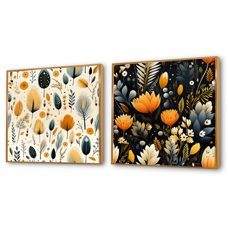 Clotilde - Ensemble de 2 collages carrés botaniques abstraits, Cadre flottant doré, H 30 po x l 61 po