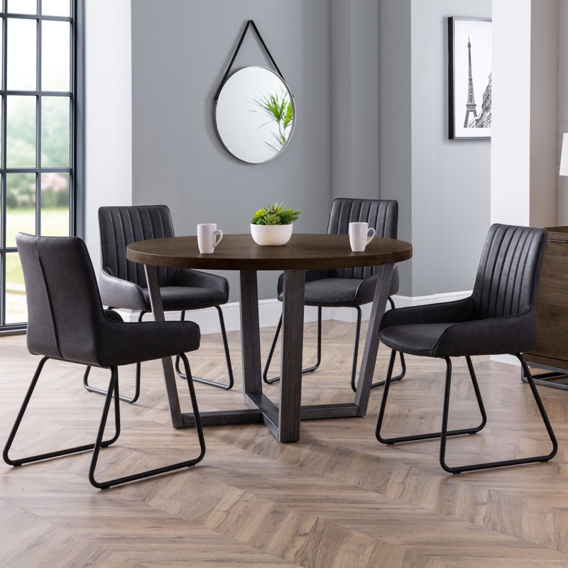 Armor Oak Round Solid Wood Top Metal Base Dining Table, Dark Oak/Black