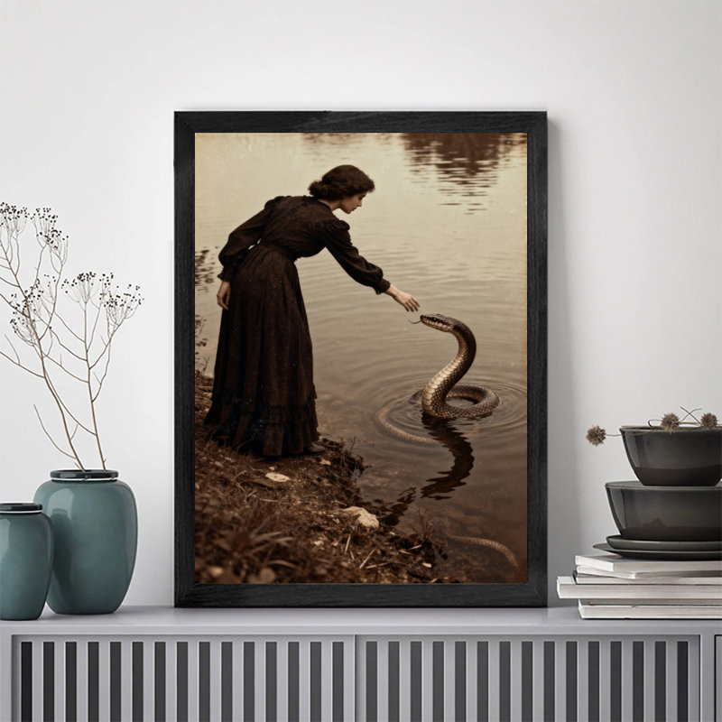 Art rétro encadré noir, fille et serpent, impressions de style rétro, H 11 po x l 9 po