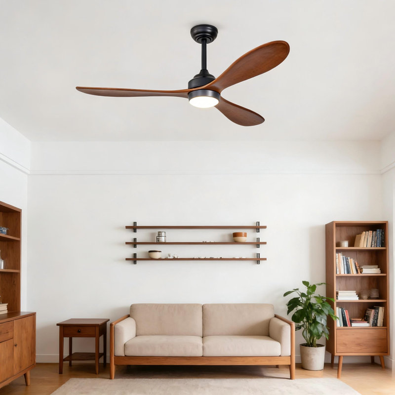 Modern 52" Black Ceiling Fan with Light, Matte Black, Red Wood