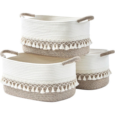 Ensemble de 3 paniers de rangement en corde de coton tissés blanc / beige Boho