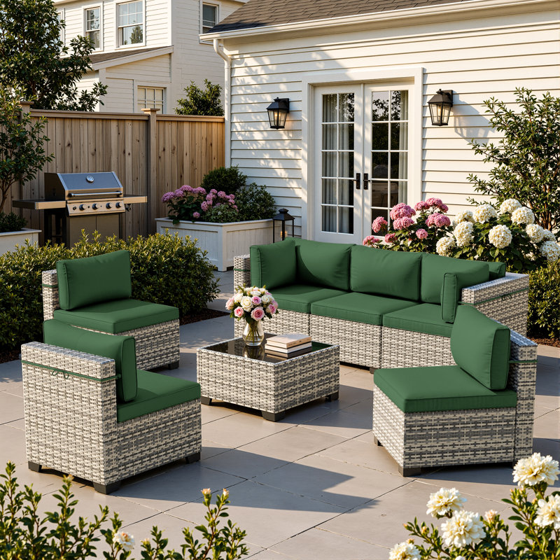Ensemble de canapé modulaire d'extérieur 7 pièces avec osier en PEHD, coussins et table basse, ensemble de conversation modulaire pour patio