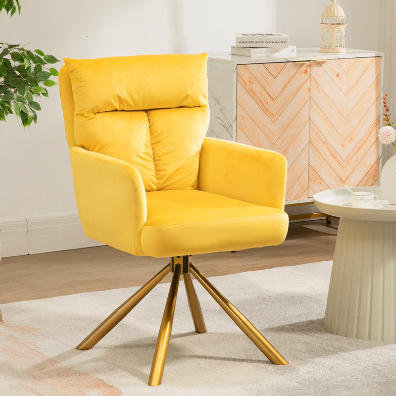 Etian Desk Chair No Wheels 180°Swivel,Makeup Vanity Chair with Gold Legs For Home Office, Yellow