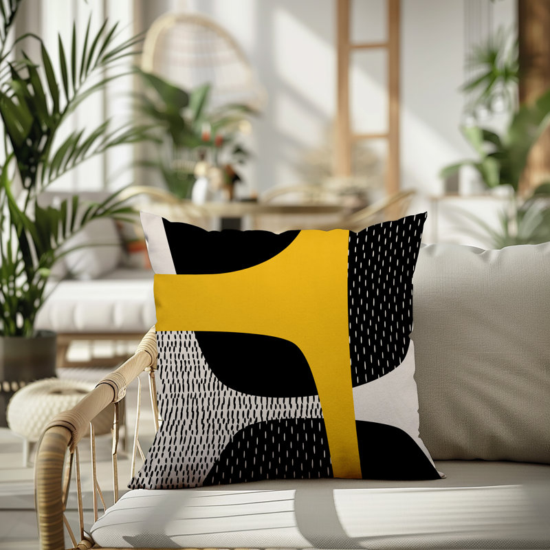 Coussin carré intérieur / extérieur pia, H 19 po x l 19 po, Jaune / noir / blanc cassé