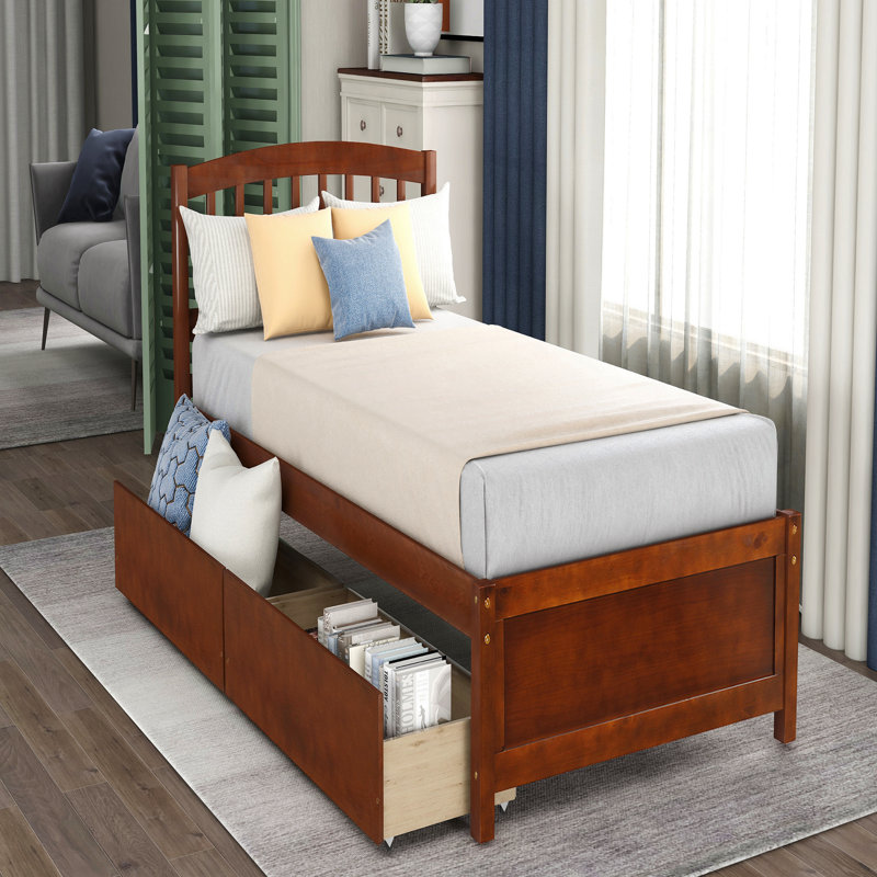 Cadre de lit plateforme simple avec rangement en bois avec deux tiroirs et tête de lit, noyer, Walnut