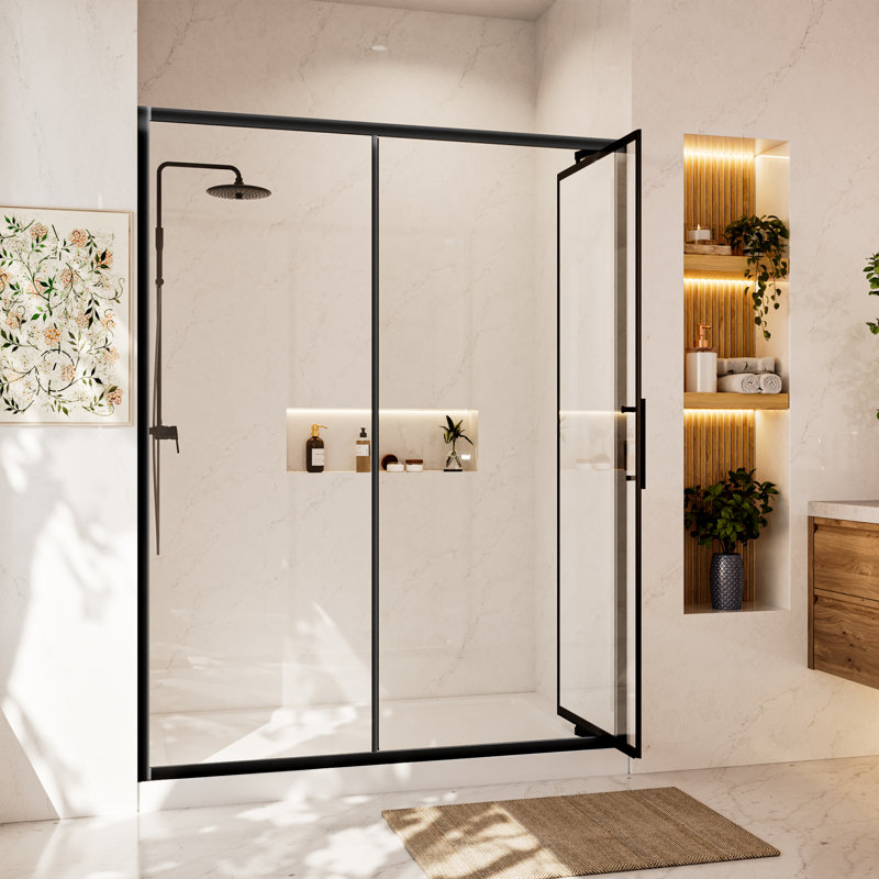 58 po x l 76 po x H 76 po Porte de douche pivotante encastrée encastrée encastrée, Noir mat