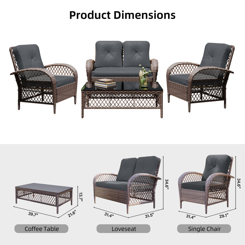Ensemble de conversation en osier pour 4 personnes avec café et coussins, Gris foncé / brun