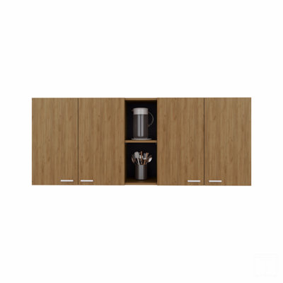 Armoire murale H 24 po, quatre portes, deux tablettes de rangement ouvertes, deux tablettes internes, porte-assiettes et rangement en verre