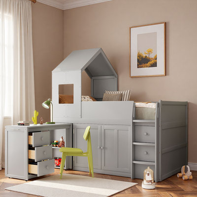 Wooden Loft Bed With Desk, Drawers And Cabinets