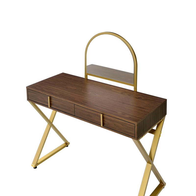 Rectangular Vanity Desk With Mirror, 2 Storage Drawers, Jewelry Tray, Metal Frame, Walnut & Gold Finish And Design Tray