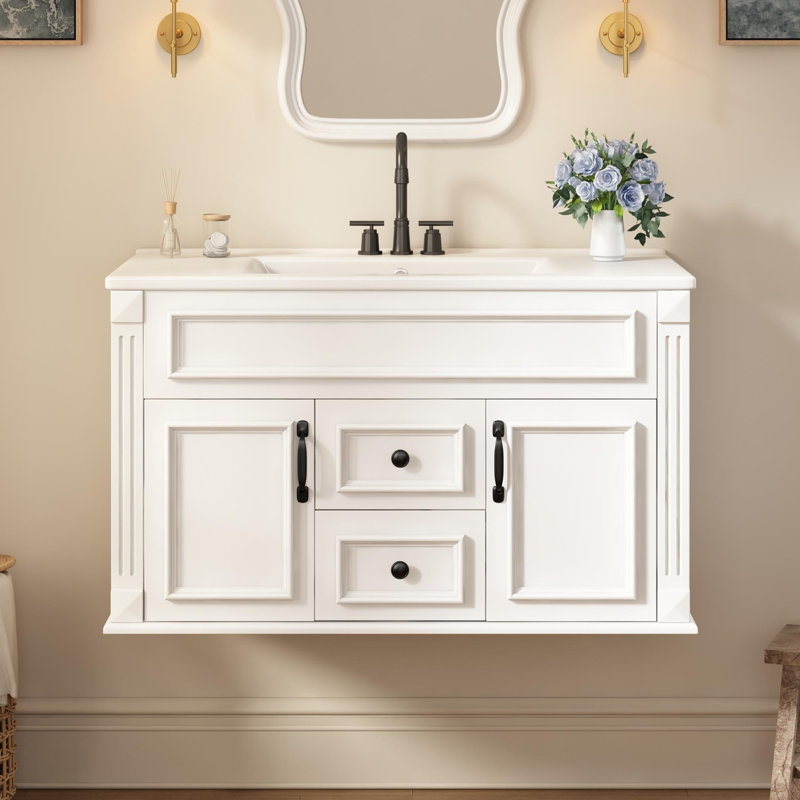 Single Bathroom Vanity with Ceramic Top, Blanc