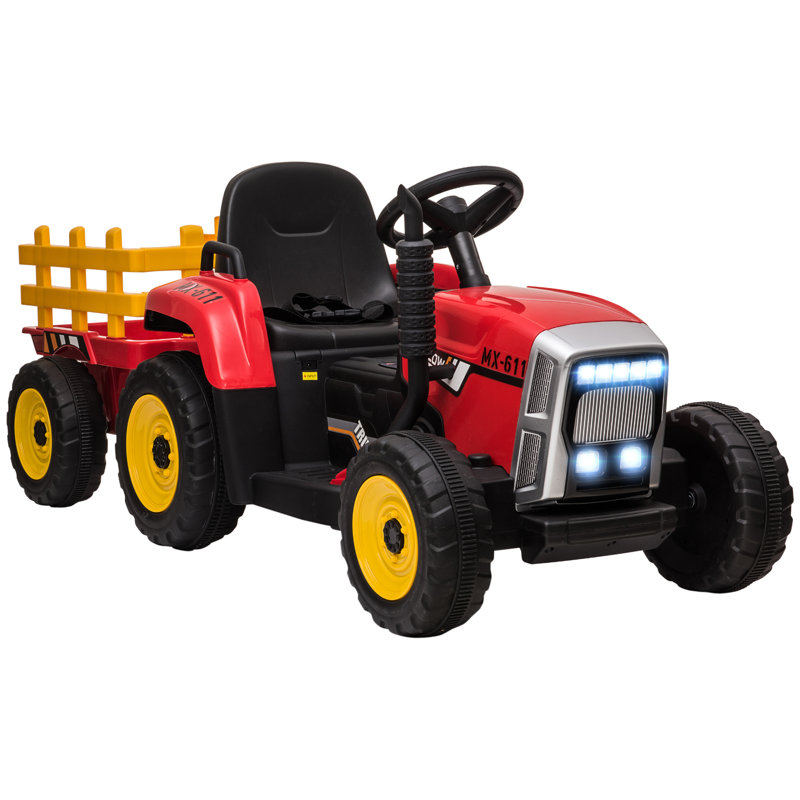 Red 12-Volt Ride-On Tractor with Trailer and LED Lights