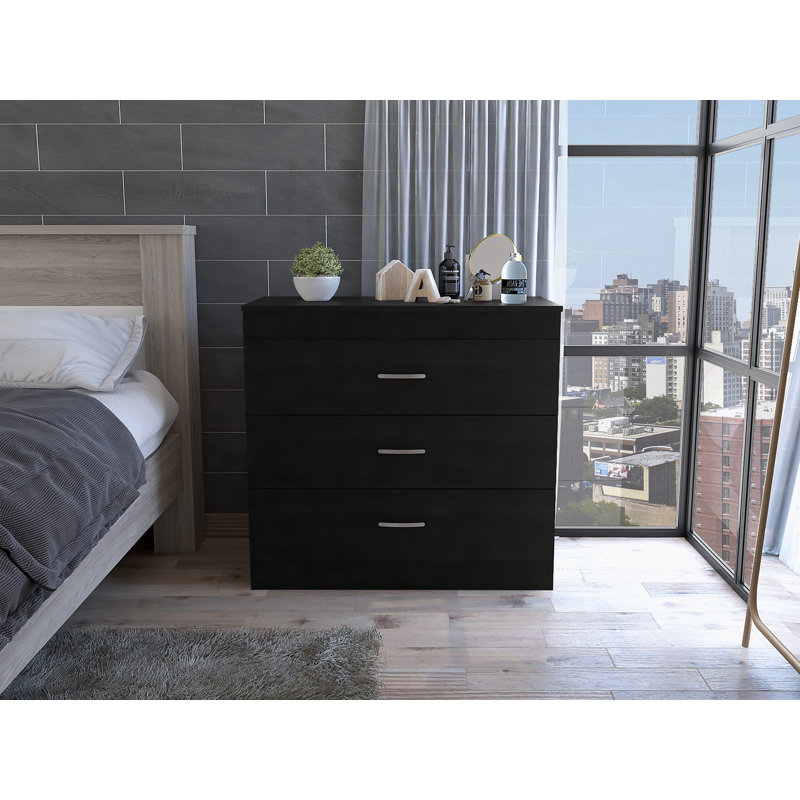 Melia 3 Drawer Dresser, Superior Top, Metal Hardware, Black