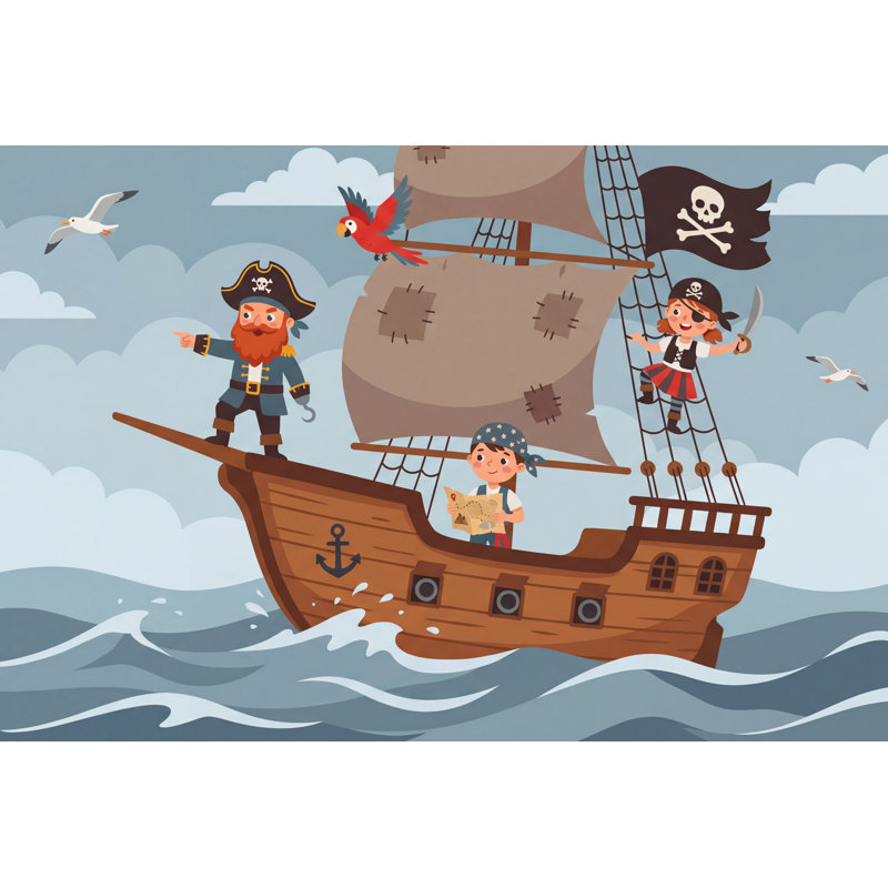 Papier peint pirate, océan, vagues, dessin animé, illustration, 120 po x 96 po, Non tissé