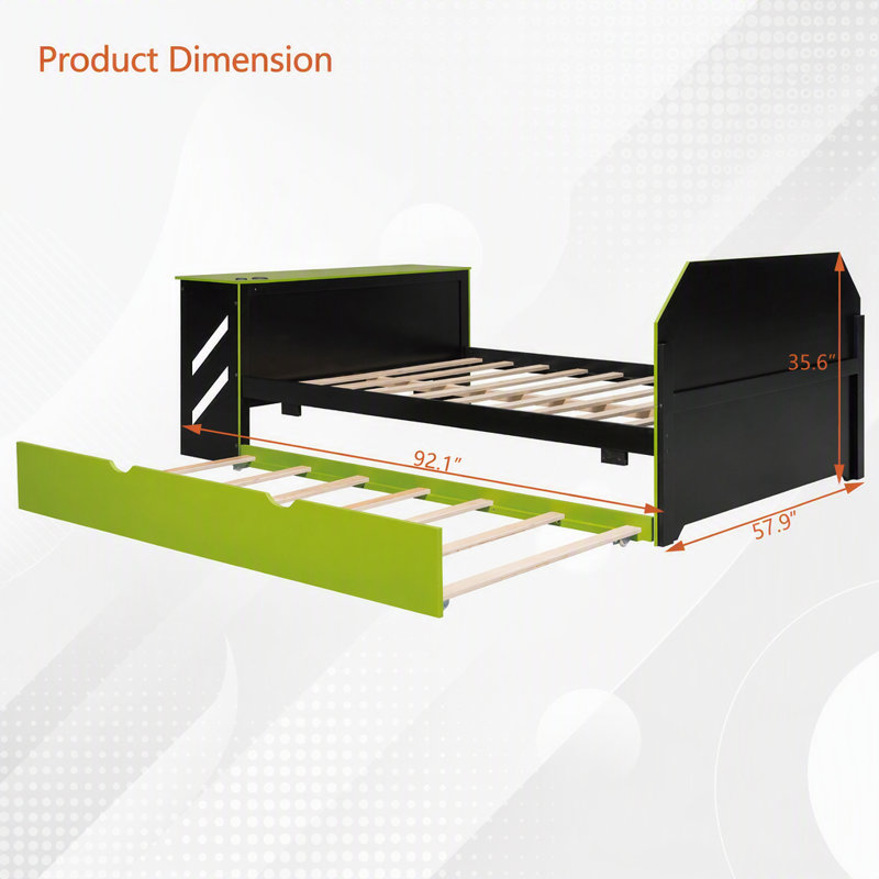 Lit de jour en bois pleine grandeur avec lit gigogne simple, bureau et USB, vert
