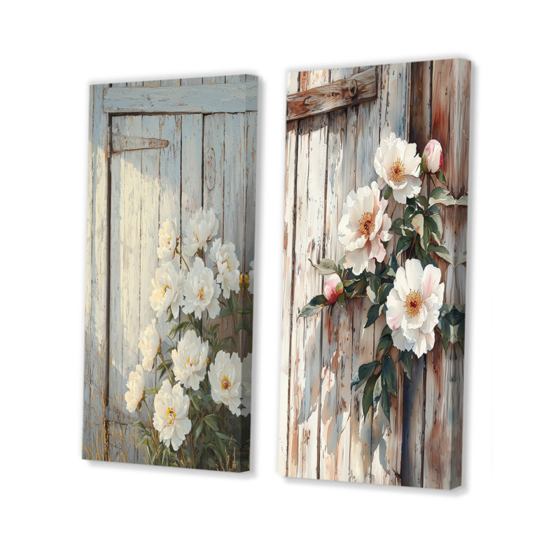 Pivoines par la porte de grange I - Collection d'art mural floral 2 pièces, 40" H x 41" W, Toile tendue