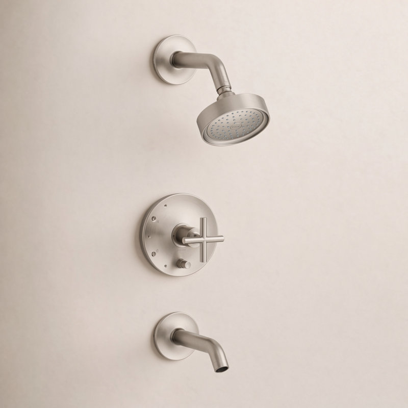 Purist Pressure-Balancing Thermostatic Tub and Shower Faucet, Brushed Chrome, Cross Handle, 2.5 GPM