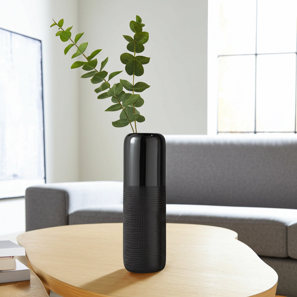 Rachael Stoneware Table Vase, 18" H x 6" W x 6" D, Grooved Black