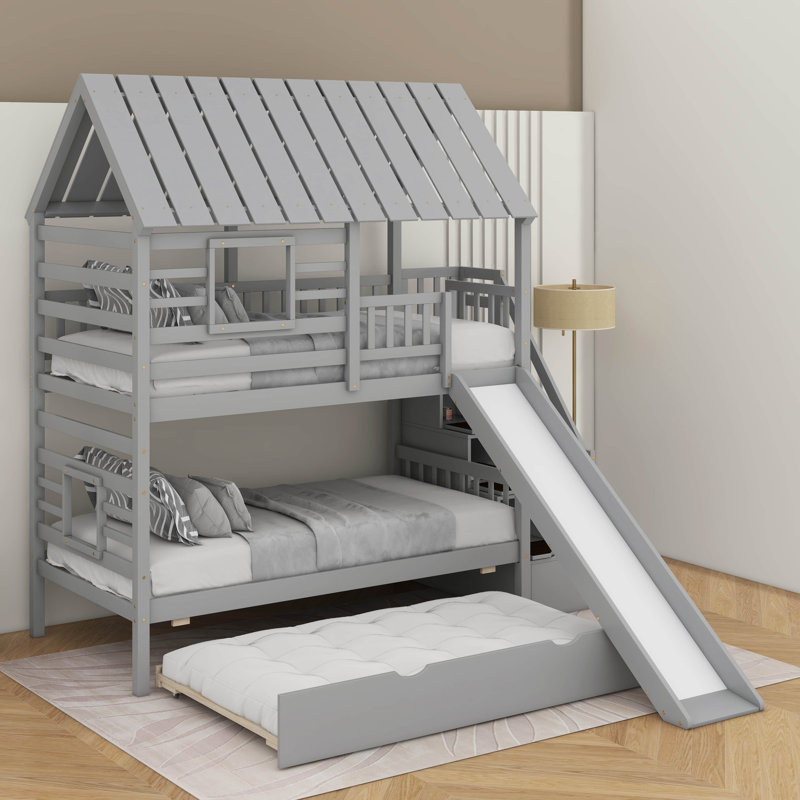 Twin Over Twin Bunk Bed With Trundle, Gray