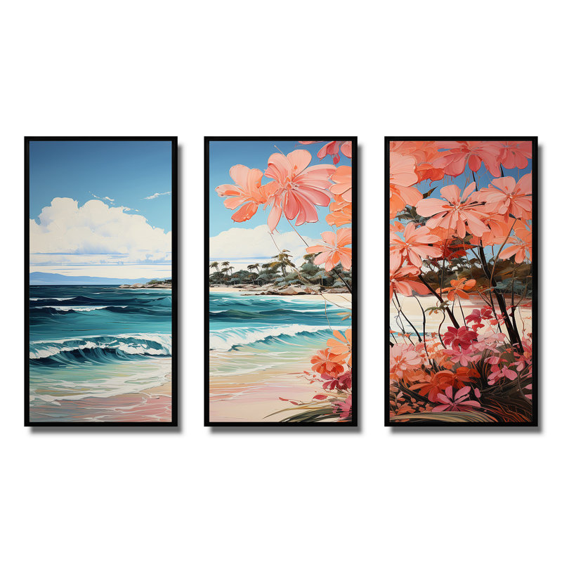 Tropical Beach Escape 4 - art mural bord de mer tropical, H 28 po x l 36 po x P 1 po, Cadre flottant noir