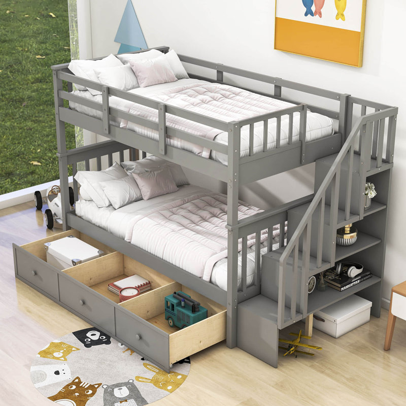Dhyan Kids Twin Over Twin Bunk Bed with Drawers, Gray