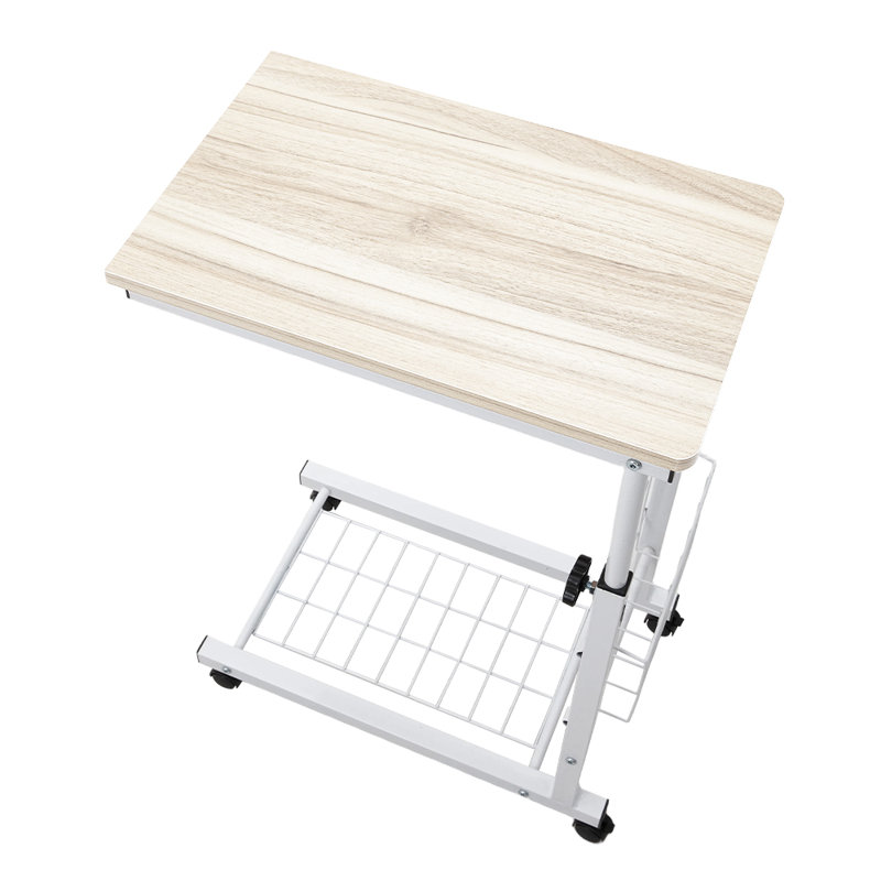 Industrial Adjustable Overbed Desk with Wire Basket, Cream/White
