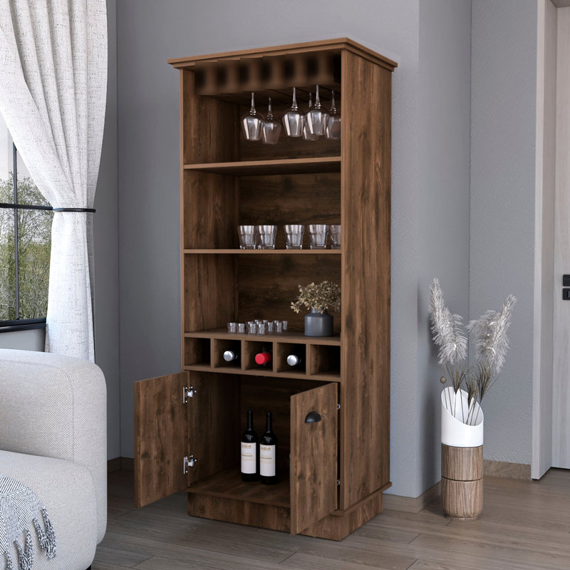 Practical Dark Brown Bar Cabinet With Effective Organization System - 3 Shelves And 5 Bottle For Streamlined Storage Modern Contemporary Styling A Fresh Look