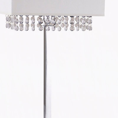 28" Tall Metal Table Lamp w/ Silver finish, White Shade w/ Crystal Accents