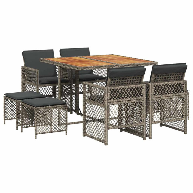 Patio Dining Set with, 9 Pieces: Table, 4 Stools, 4 Chairs, 73cm H x 110cm W x 106cm D, Grey Cushion/Grey Frame