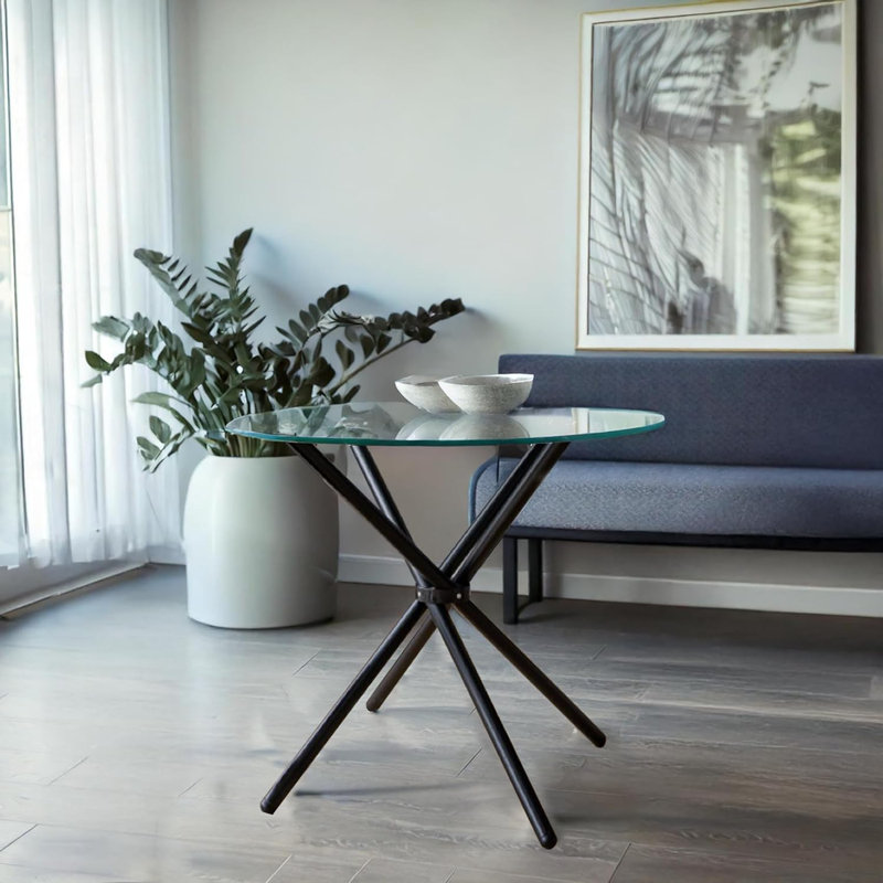 Wrought Studio™ Flat Round Hydra Breakfast Table, Clear 1/2" Thick Glass Dining Table Round with Base, Glass Kitchen Table, Elegant Dining Table for Dining Room