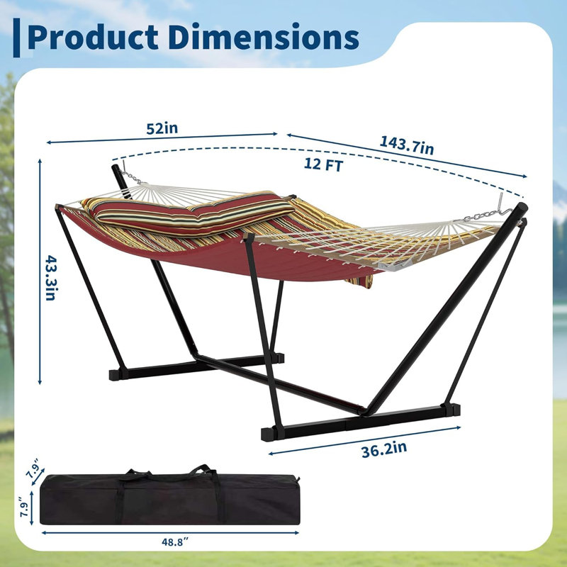 Double Hammock with Stand, 204KG Capacity Heavy Duty Hammock with Quilted Net, Detachable Pillow & Storage Bag, Portable for Patio, Pool, Garden and Camping