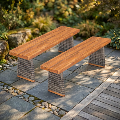 Christopher Knight Home 57" W x 14.5" D x 18" H Solid Acacia Wood Slat Backless Outdoor Bench (Set of 2)