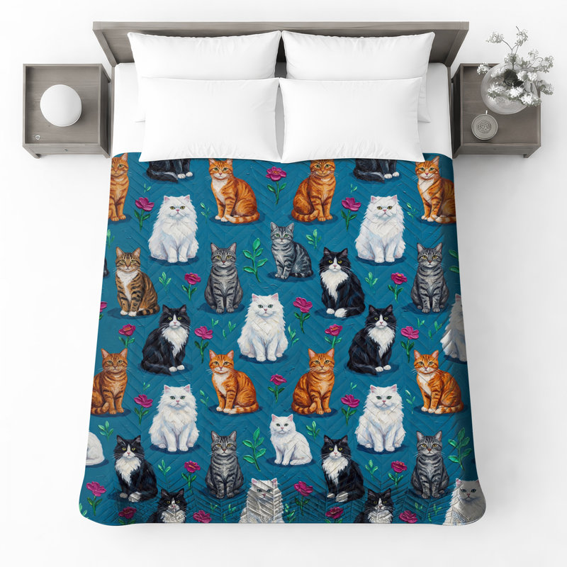 Couvre-lit matelassé pour chat et fleurs, King