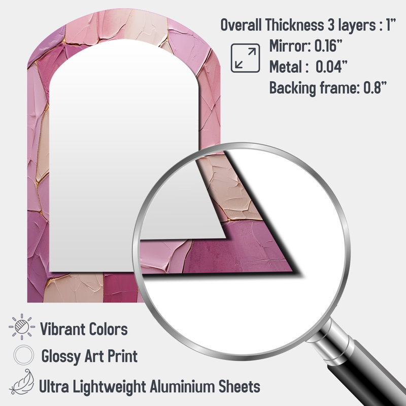 Rose, mauve, minimalisme, poteries - miroir décoratif asymétrique à spirales abstraites, grand miroir mural arqué moderne, impression d'art en métal